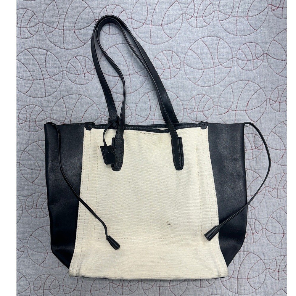 J.Crew Signet Tote Bag Cream Canvas Black Colorblock Italian Leather Trim